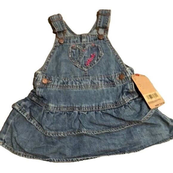 OshKosh Denim Overall Dress Size 9M with Heart Pocket on chest; Ruffled; Buttons - Picture 1 of 3